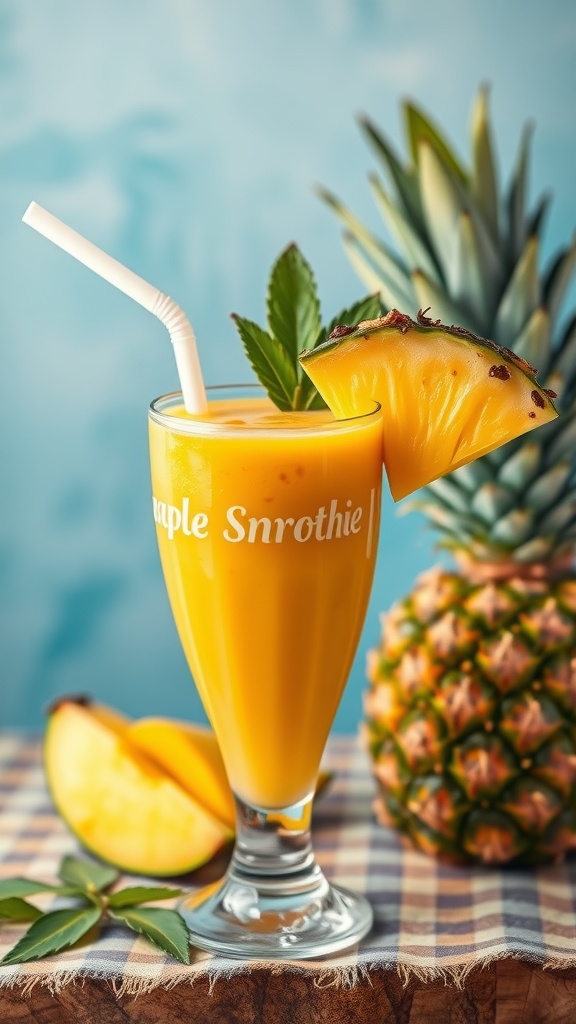 A vibrant mango pineapple smoothie in a glass, garnished with a pineapple slice and mint, alongside a fresh pineapple.