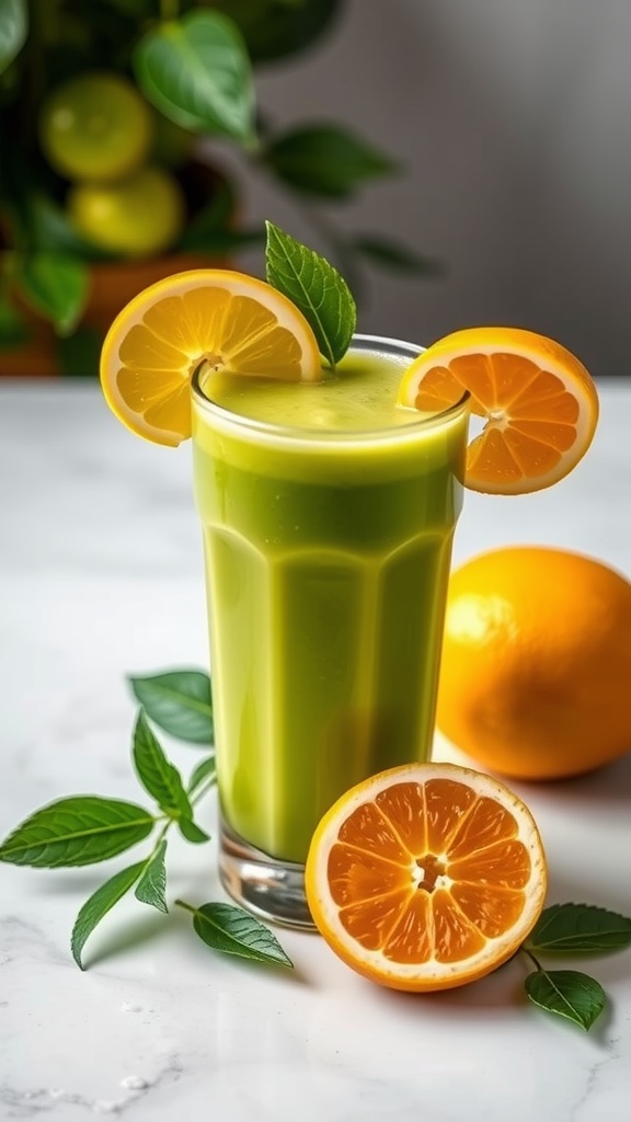 A refreshing green smoothie with citrus slices and mint leaves.