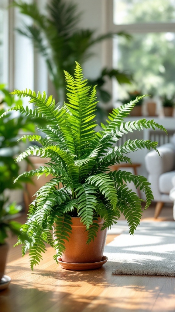 A Kangaroo Paw Fern in a cozy living room setting.