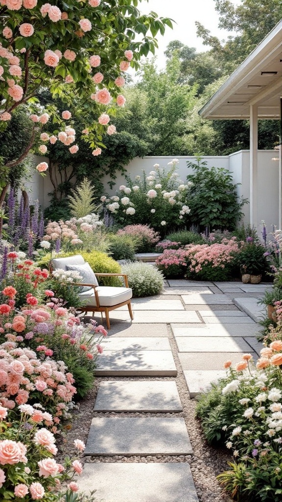 A beautiful monochromatic garden filled with pink flowers and a cozy seating area.