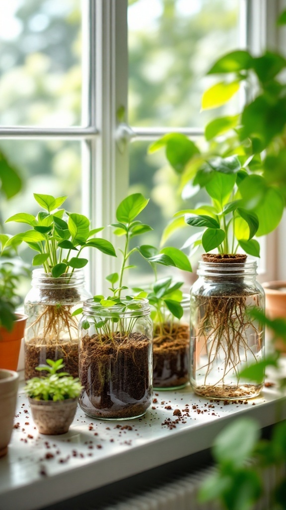 Various houseplants in jars on a windowsill, showcasing root systems and vibrant green leaves.