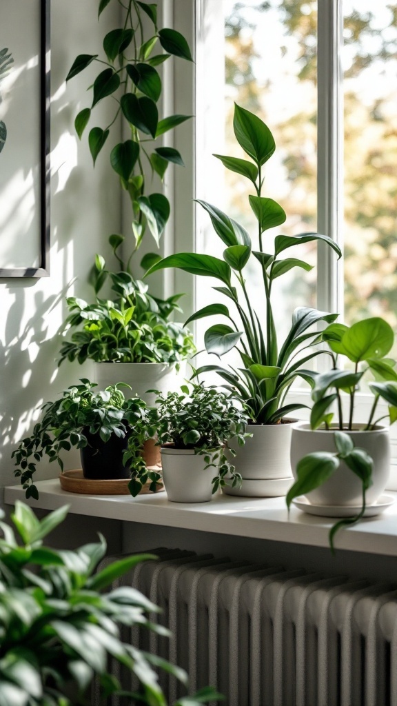 A collection of low-maintenance houseplants on a windowsill, including pothos and snake plants.