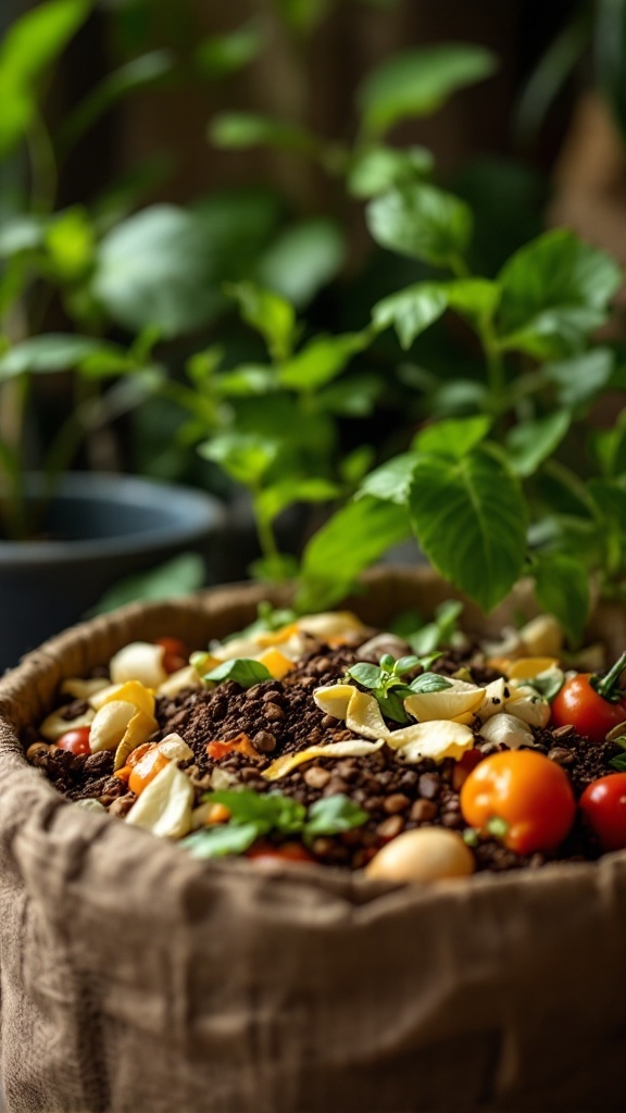 A close-up of a pot with coffee grounds, eggshells, and vegetable scraps in soil, surrounded by green plants.