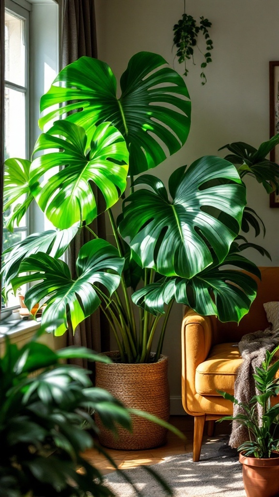 A large Monstera plant with split leaves next to a cozy yellow armchair.