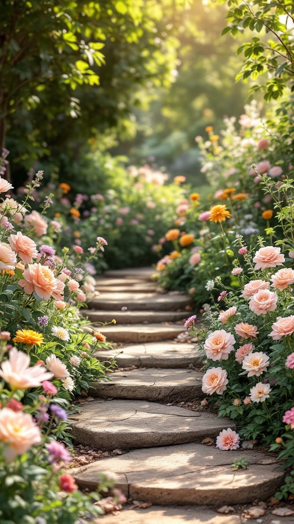 A charming garden path lined with soft pink and yellow flowers, surrounded by greenery.