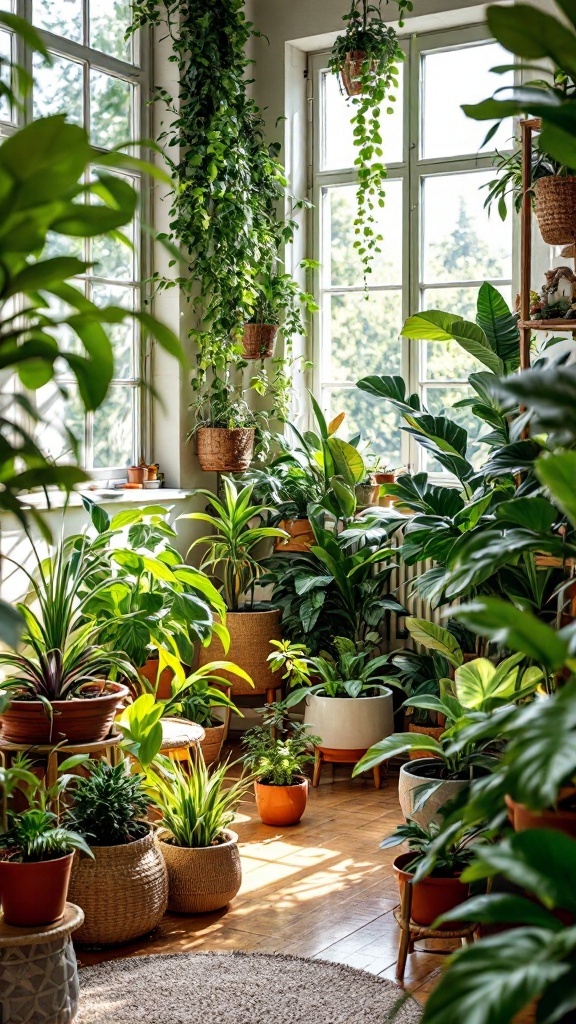 A sunlit room filled with various houseplants, showcasing a trend in indoor gardening for 2025.