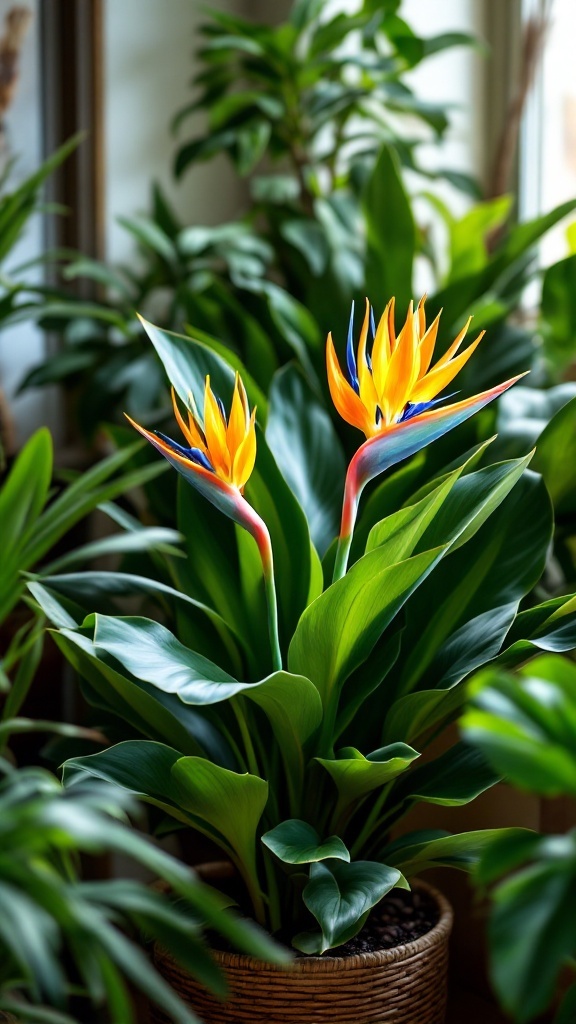 A Bird of Paradise plant showcasing bright orange and blue flowers amidst large green leaves.