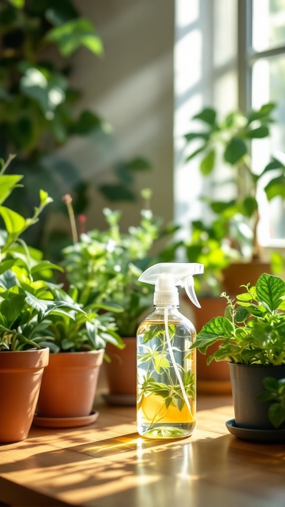 A spray bottle filled with a homemade solution sits on a wooden surface surrounded by potted plants in sunlight.