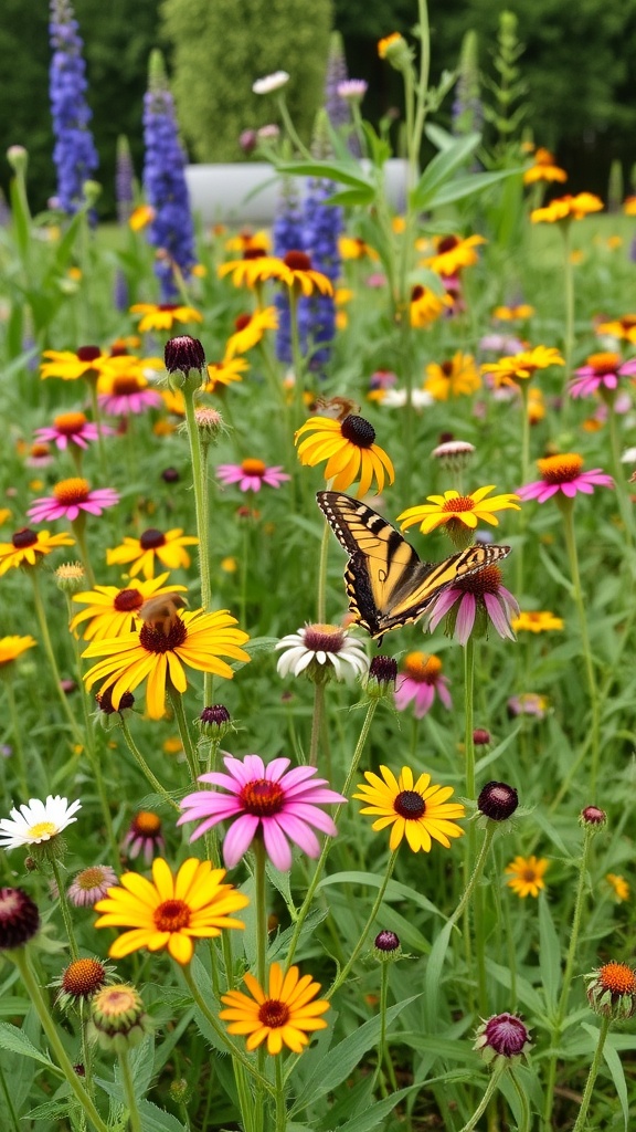 A vibrant garden filled with various native flowers and bees.