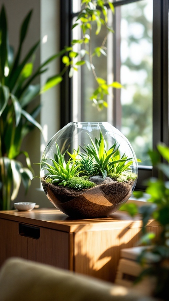 A beautiful terrarium with green plants inside, placed on a wooden table.