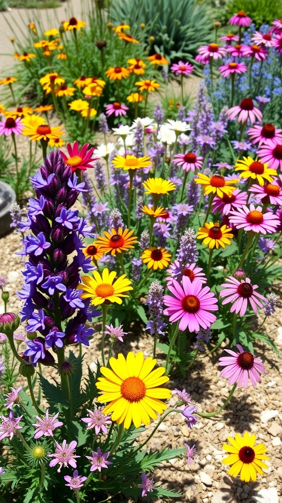 A vibrant garden pathway lined with various colorful flowers under a sunny sky.