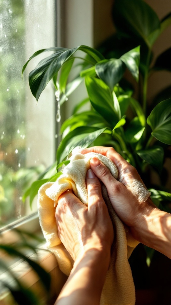 A person cleaning green plant leaves with a cloth near a window.