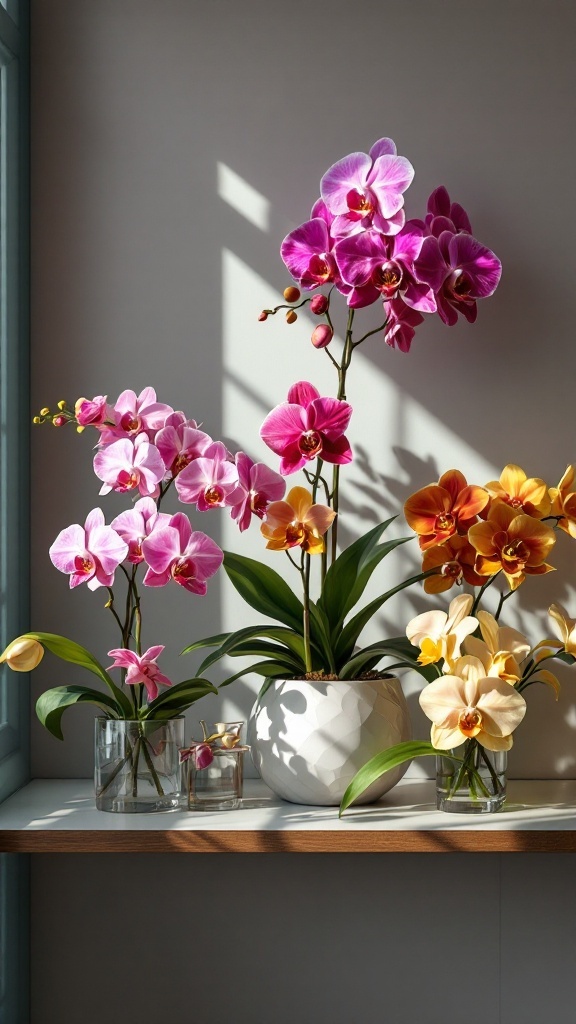 A variety of colorful orchids in decorative pots on a shelf, illuminated by natural light.