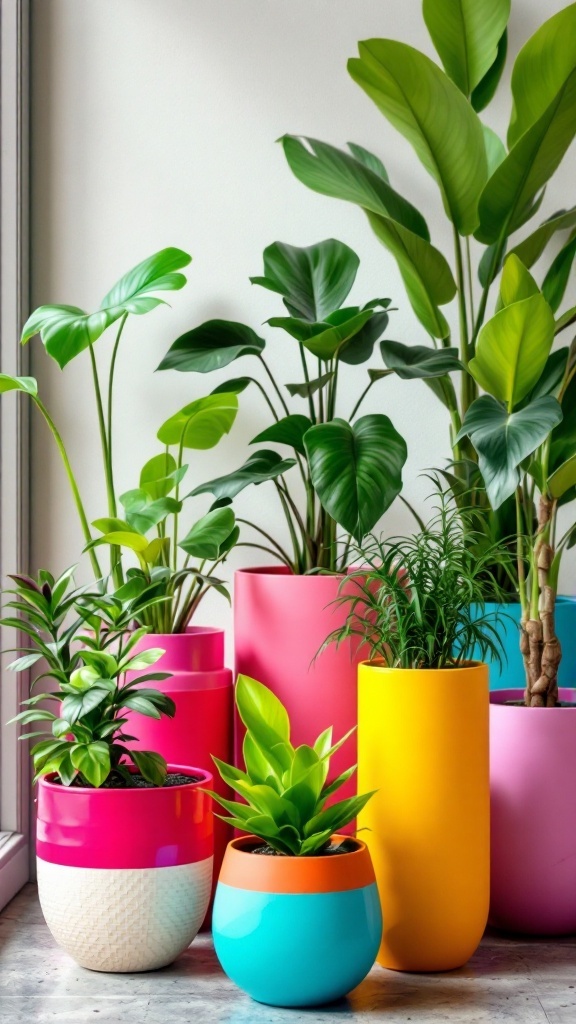 Colorful planters with various houseplants