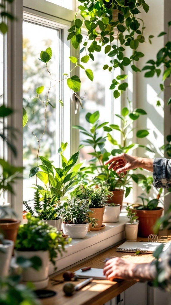 A bright indoor space with various houseplants on a windowsill, with someone reaching towards a plant.