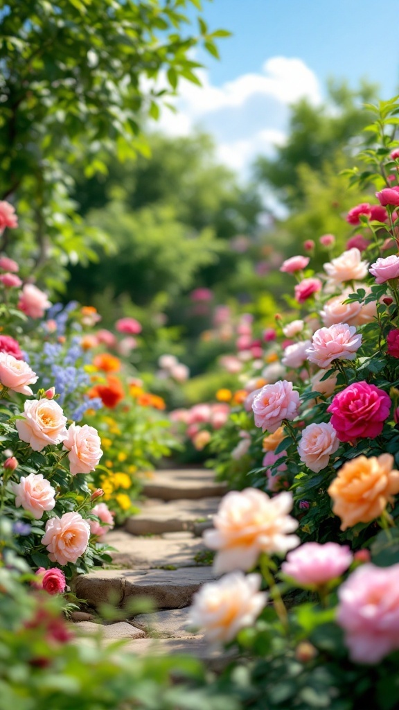 A pathway lined with colorful shrub roses in a garden.