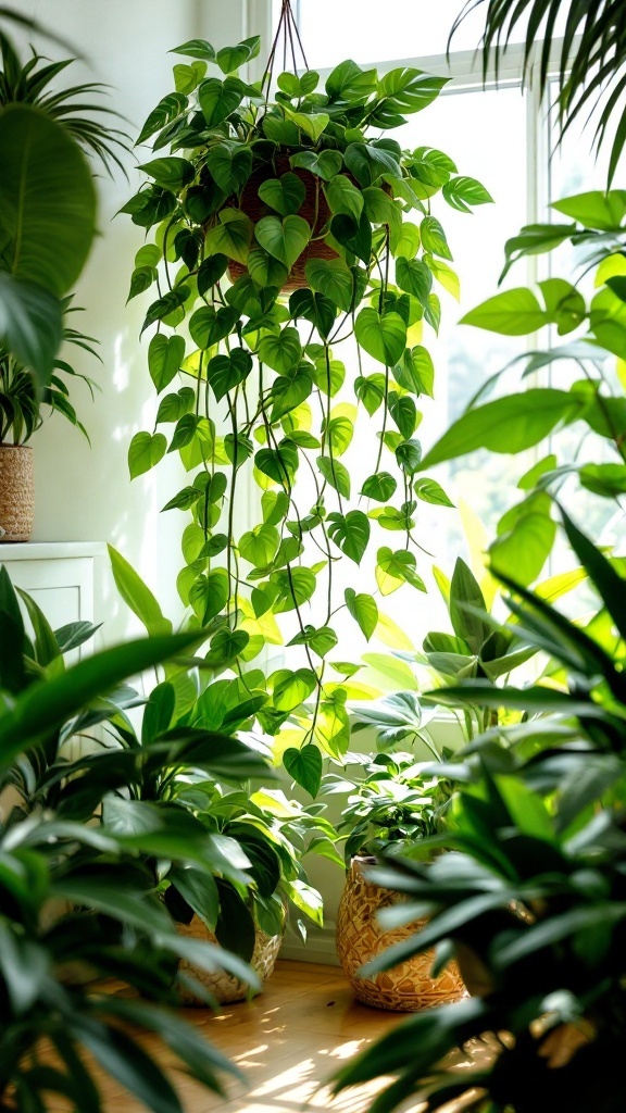 A Swiss Cheese Vine hanging from a window surrounded by various houseplants.