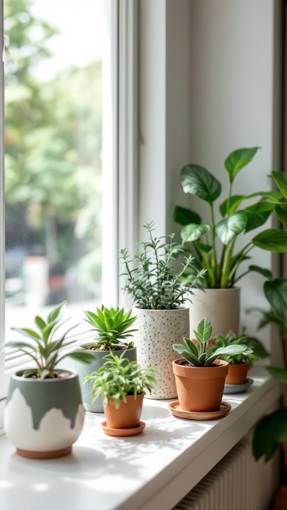 A collection of small houseplants displayed on a windowsill