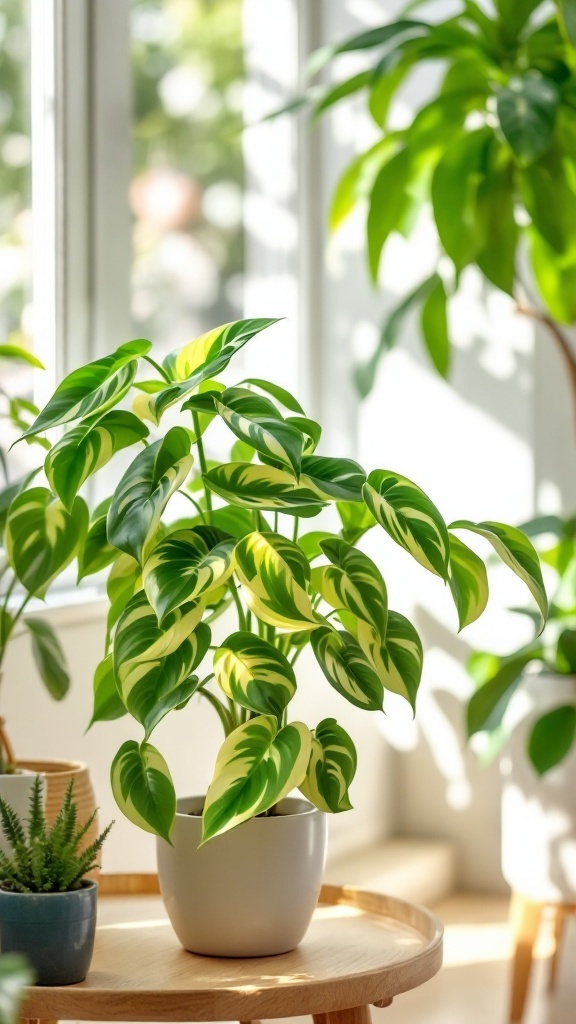 A lush pothos plant with vibrant green and yellow leaves in a bright indoor setting.