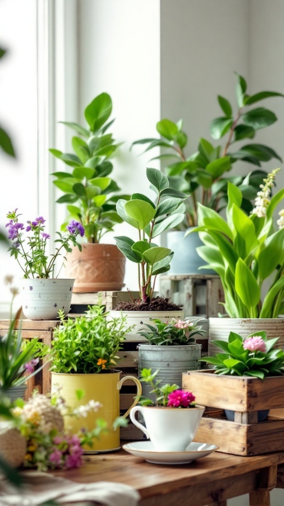 A variety of plants in repurposed pots, including mugs and jars, arranged on a table.