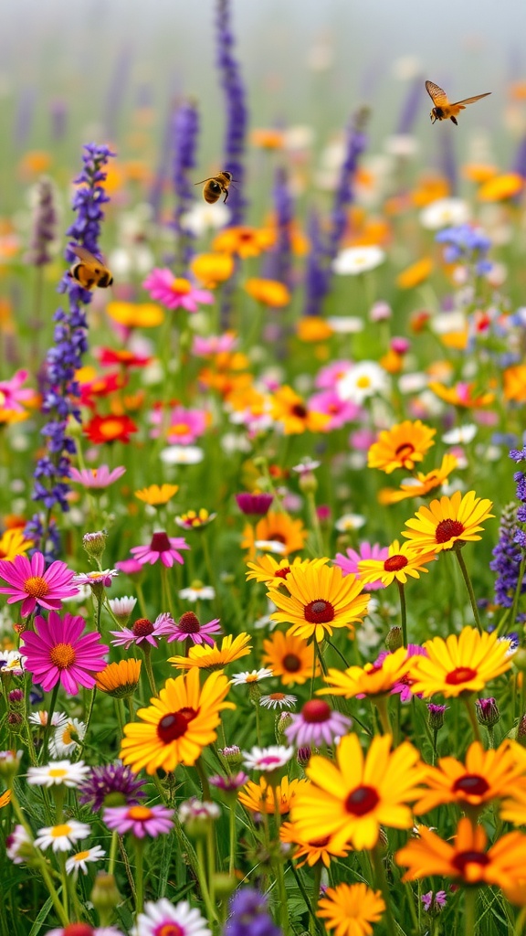 A vibrant wildflower meadow filled with various flowers and butterflies under a sunny sky.