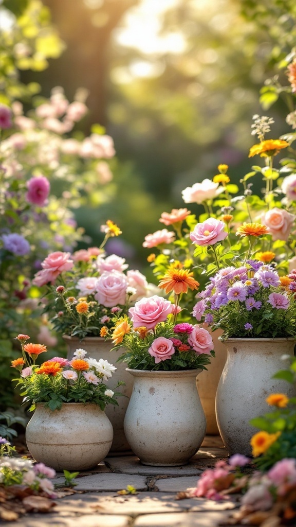 A variety of colorful flowers in rustic, imperfect containers, showcasing a laid-back garden style.