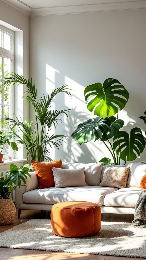 A bright living room with large houseplants and a cozy couch.