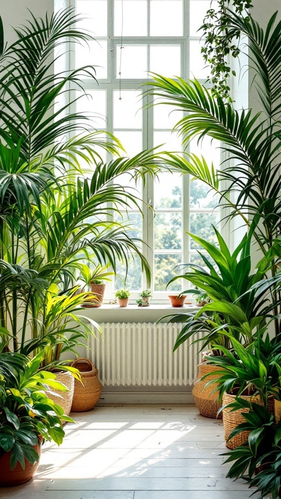 A bright indoor space filled with various palm plants near a window.