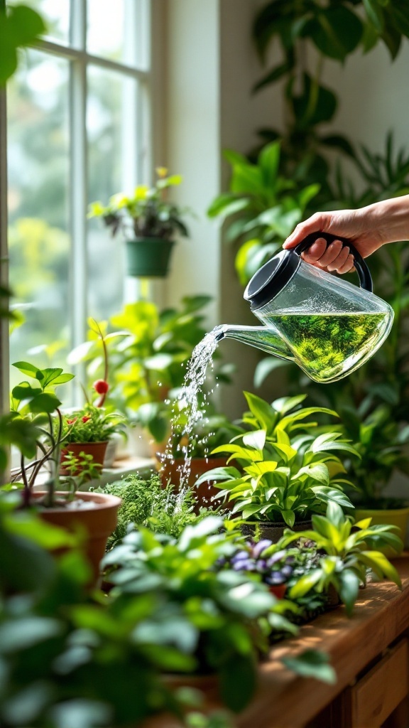 A person watering houseplants with aquarium water in a bright indoor setting.