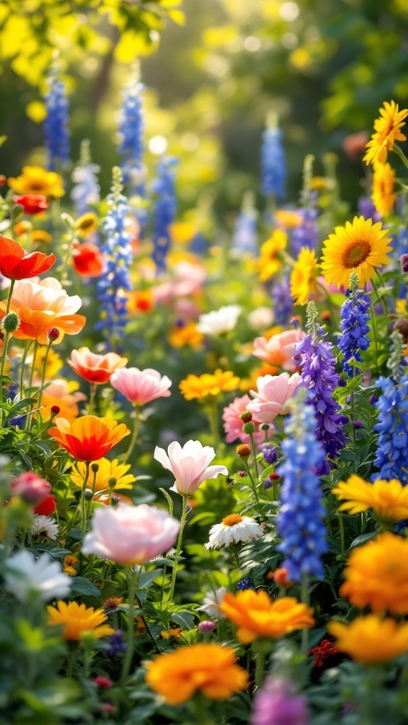 A vibrant mix of flowers in various colors, including reds, yellows, pinks, and blues, in a lush garden setting.