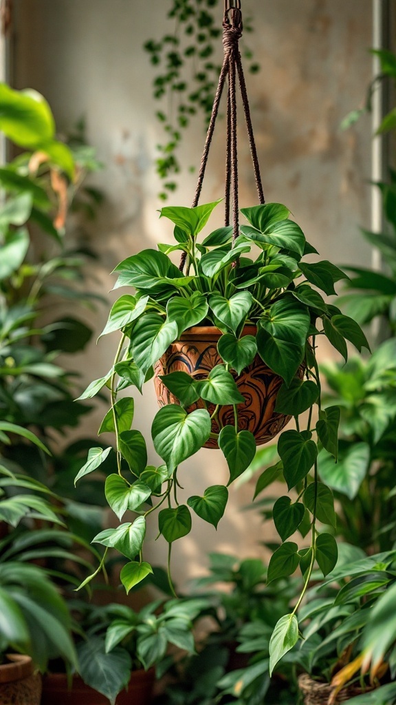 Hoya plant hanging in a vibrant indoor setting with lush greenery.