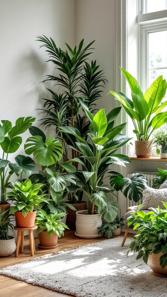 A variety of lush houseplants in pots, featuring large green leaves and a bright indoor setting.