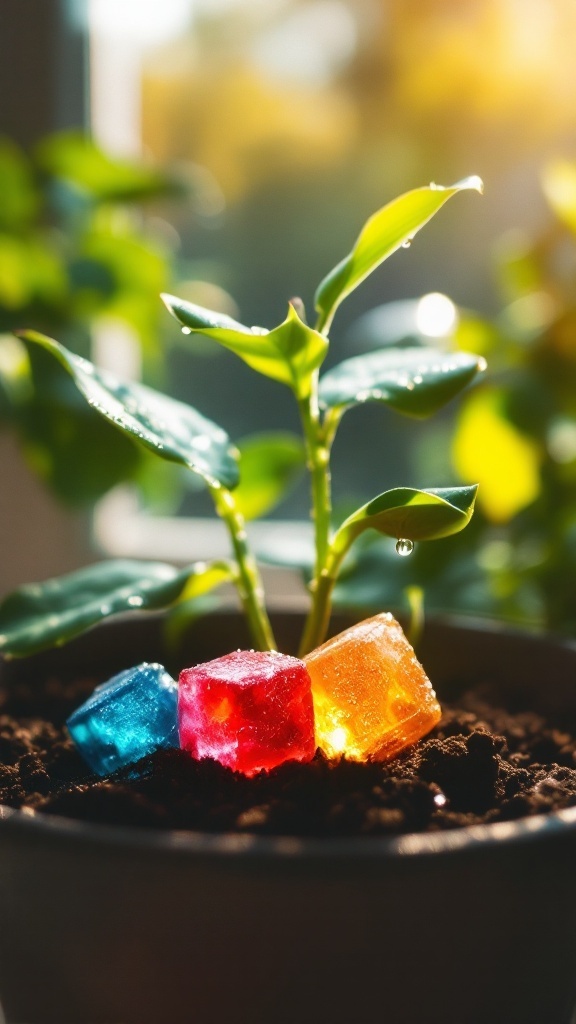 A small plant with colorful ice cubes on the soil