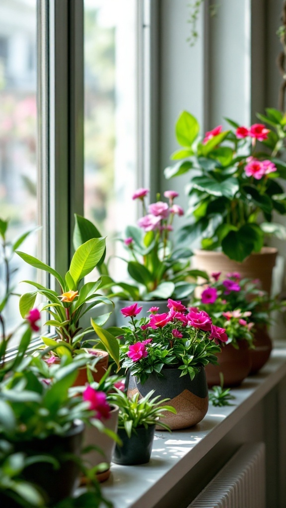 A variety of colorful houseplants arranged on a windowsill.