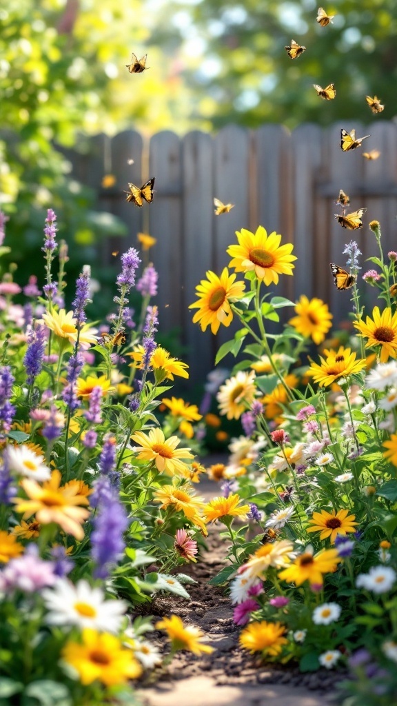 A colorful garden filled with sunflowers and daisies, with butterflies fluttering around.