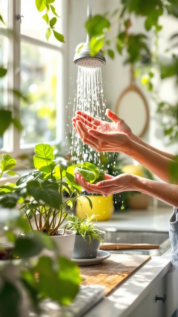 A person giving a plant a gentle shower under a kitchen faucet.