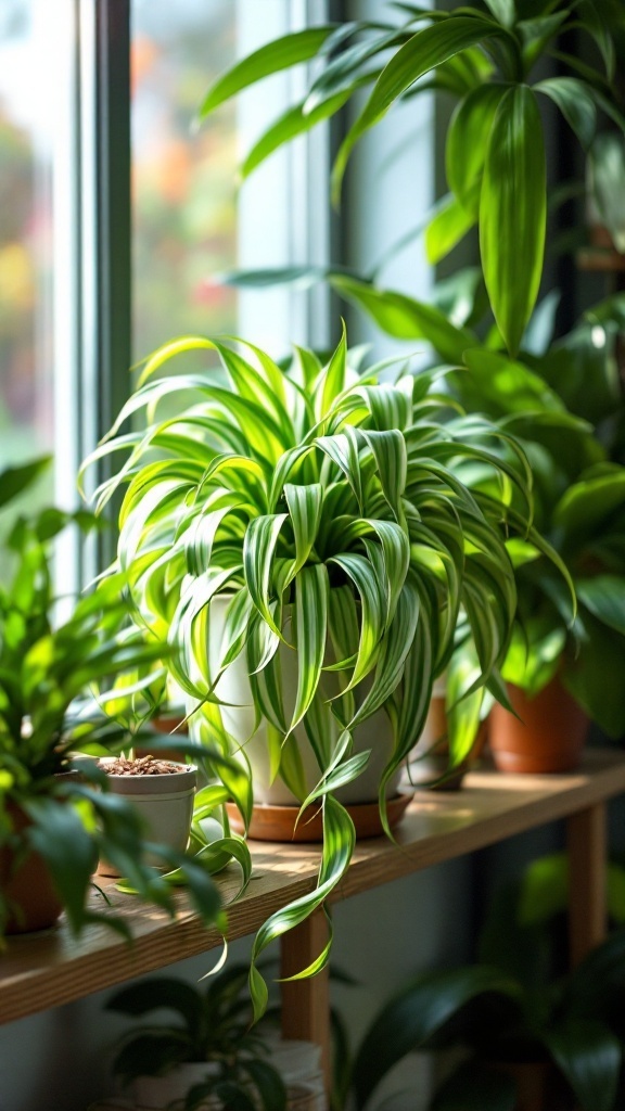 A vibrant Spider Plant with long, arching leaves displayed on a shelf near a window.