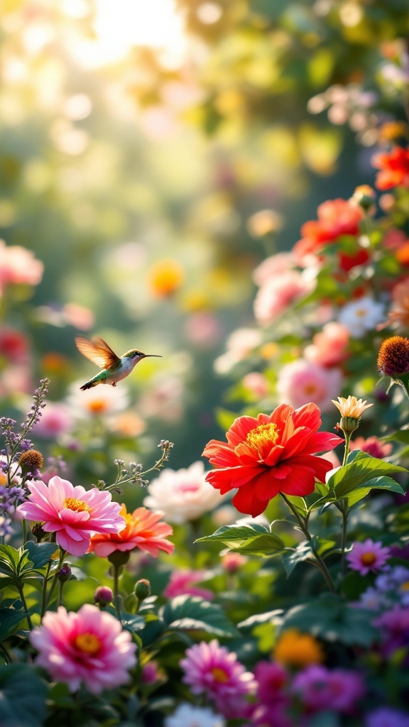 A hummingbird hovering near vibrant flowers in a garden.