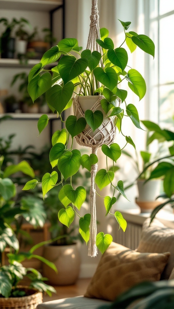 A Heart Leaf Philodendron in a macrame hanger, showcasing its vibrant green leaves.