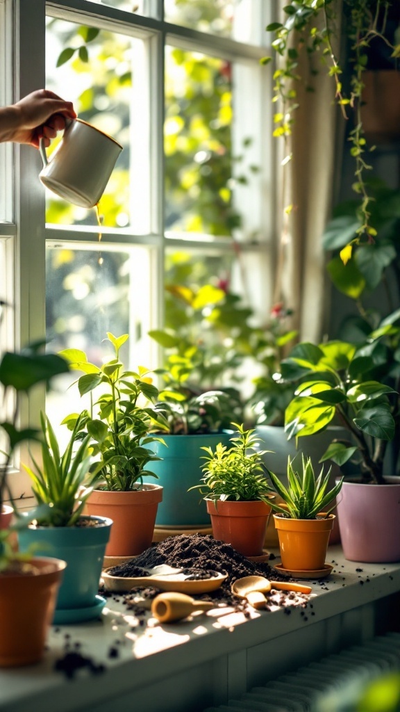 A person watering houseplants with a teapot near a window, surrounded by various potted plants.