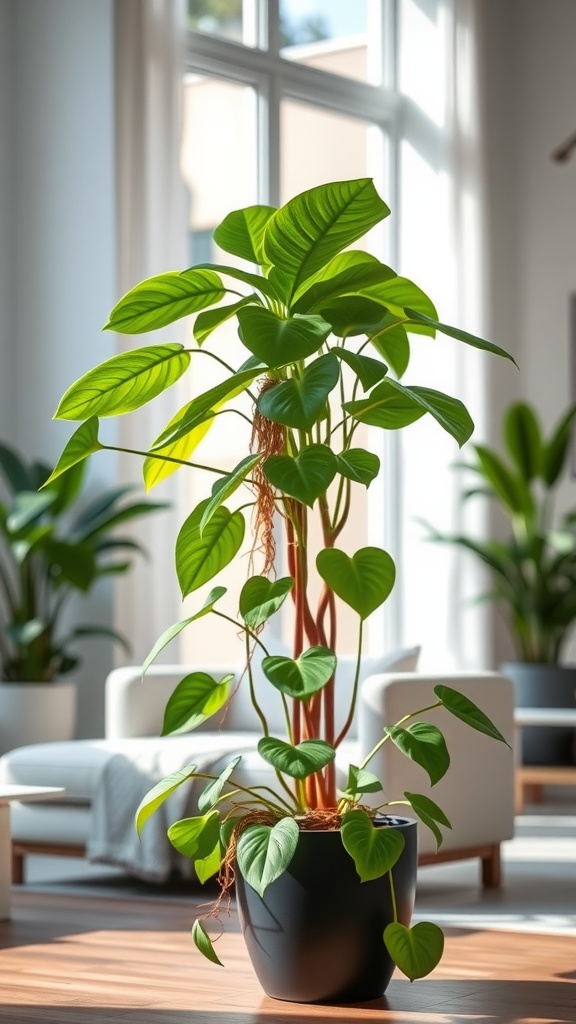 A lush Philodendron plant with vibrant green leaves in a modern indoor setting.