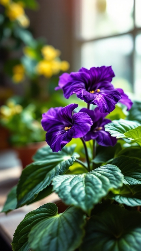 Close-up of vibrant purple African violet flowers with lush green leaves.