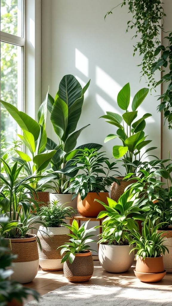 A variety of lush green houseplants in pots near a window, showcasing air-purifying plants for better indoor air quality.