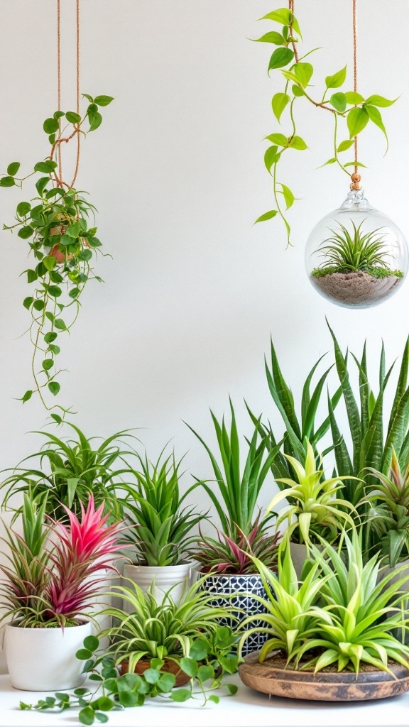 A collection of air plants and other small houseplants displayed on a shelf, showcasing their variety and beauty.