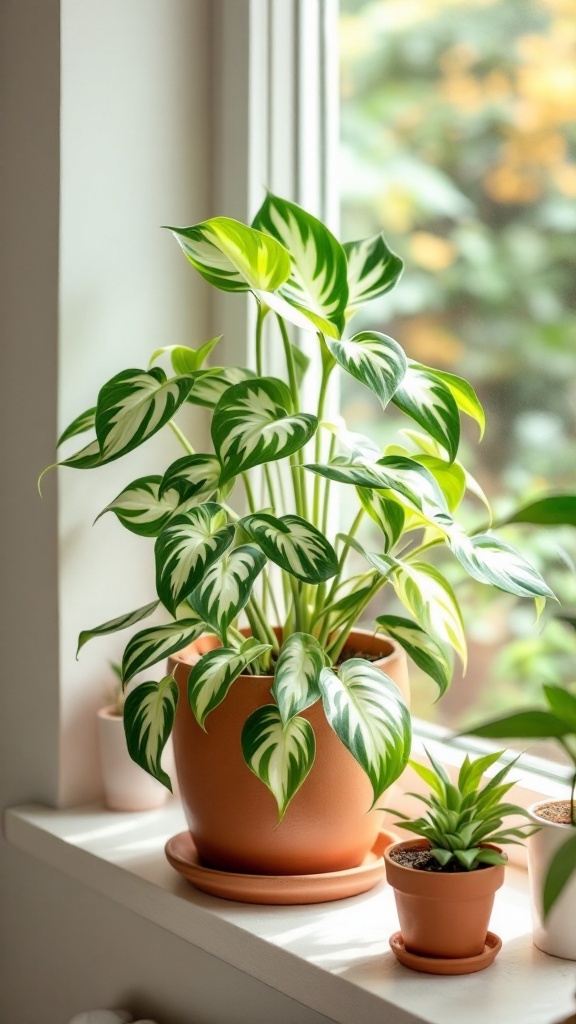 A vibrant Albo Pothos plant with striking green and white leaves in a terracotta pot, positioned on a windowsill with another small plant nearby.