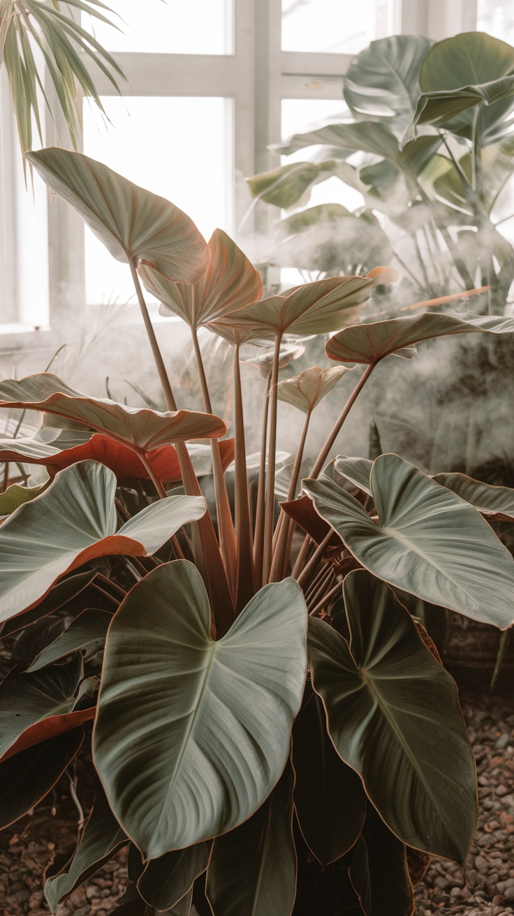 A close-up of a lush Alocasia plant with large, glossy leaves in a bright indoor setting.