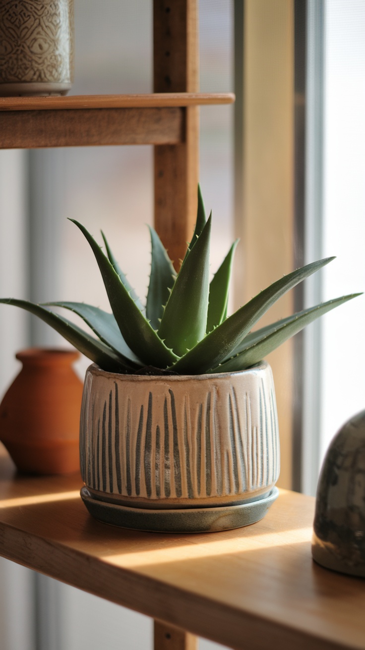 Aloe Vera plant in a decorative pot on a wooden shelf