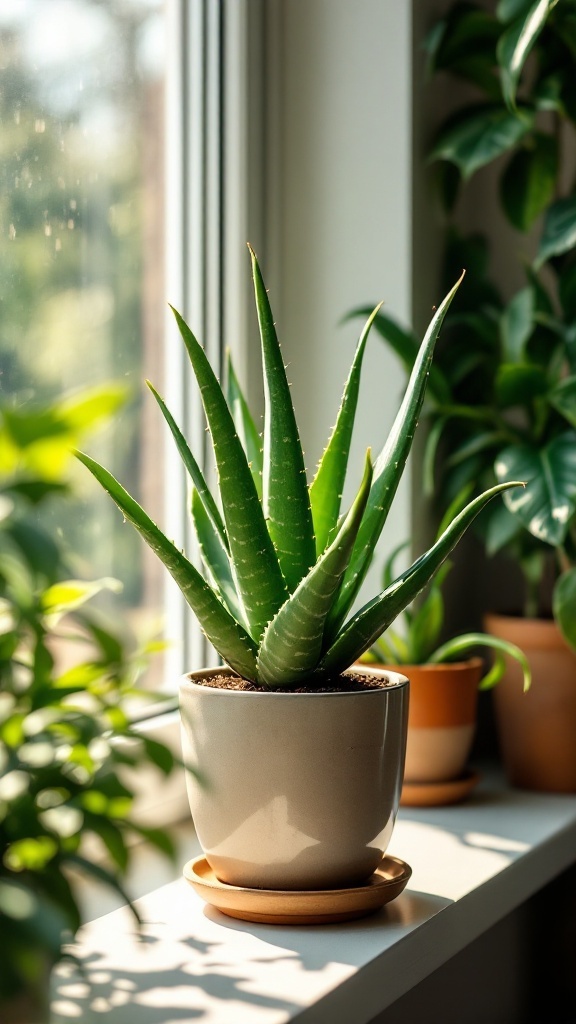 Aloe Vera plant in a pot on a windowsill, surrounded by greenery.