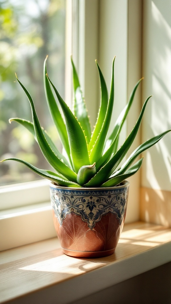 Aloe Vera plant in a decorative pot on a windowsill, with sunlight illuminating its green leaves.