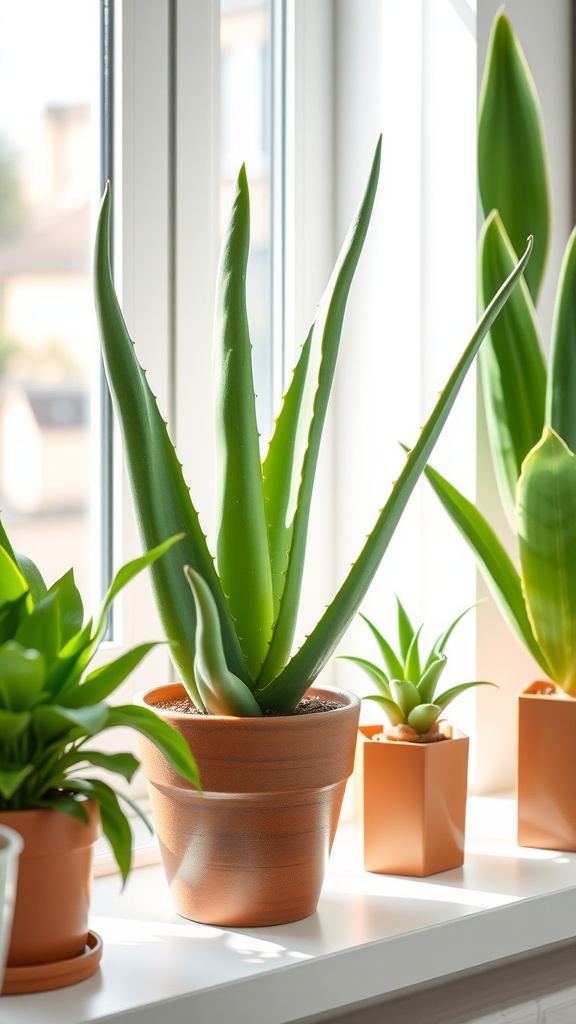 Aloe Vera plant in a terracotta pot on a windowsill with other small houseplants